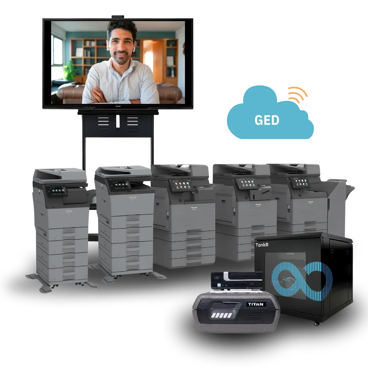 Ensemble des produits Buroca avec un alignement de copieurs multifonctions, un écran interactif, un Titan, un Tank'R et un nuage représentant le Cloud dans lequel est inscrit "GED"
